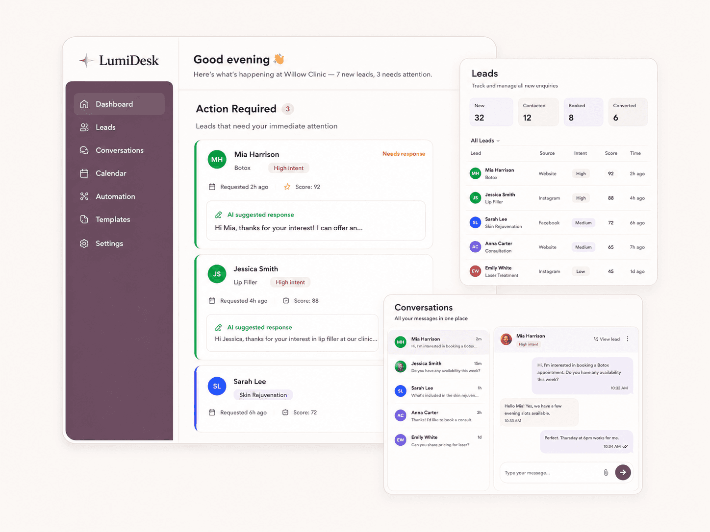 LumiDesk dashboard showing action required leads, conversations, and lead management