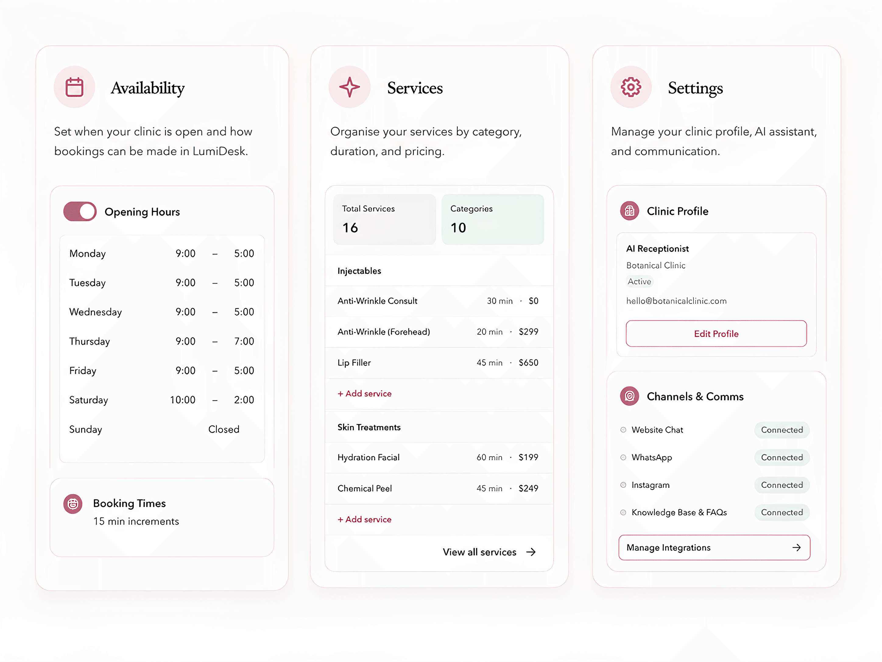 LumiDesk flexible clinic settings showing availability, services and integrations