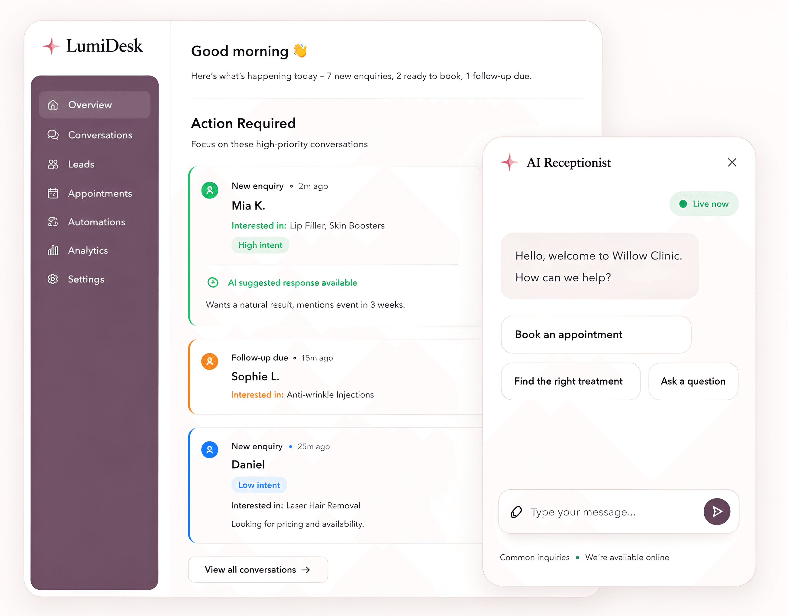 LumiDesk AI receptionist dashboard showing clinic enquiry management