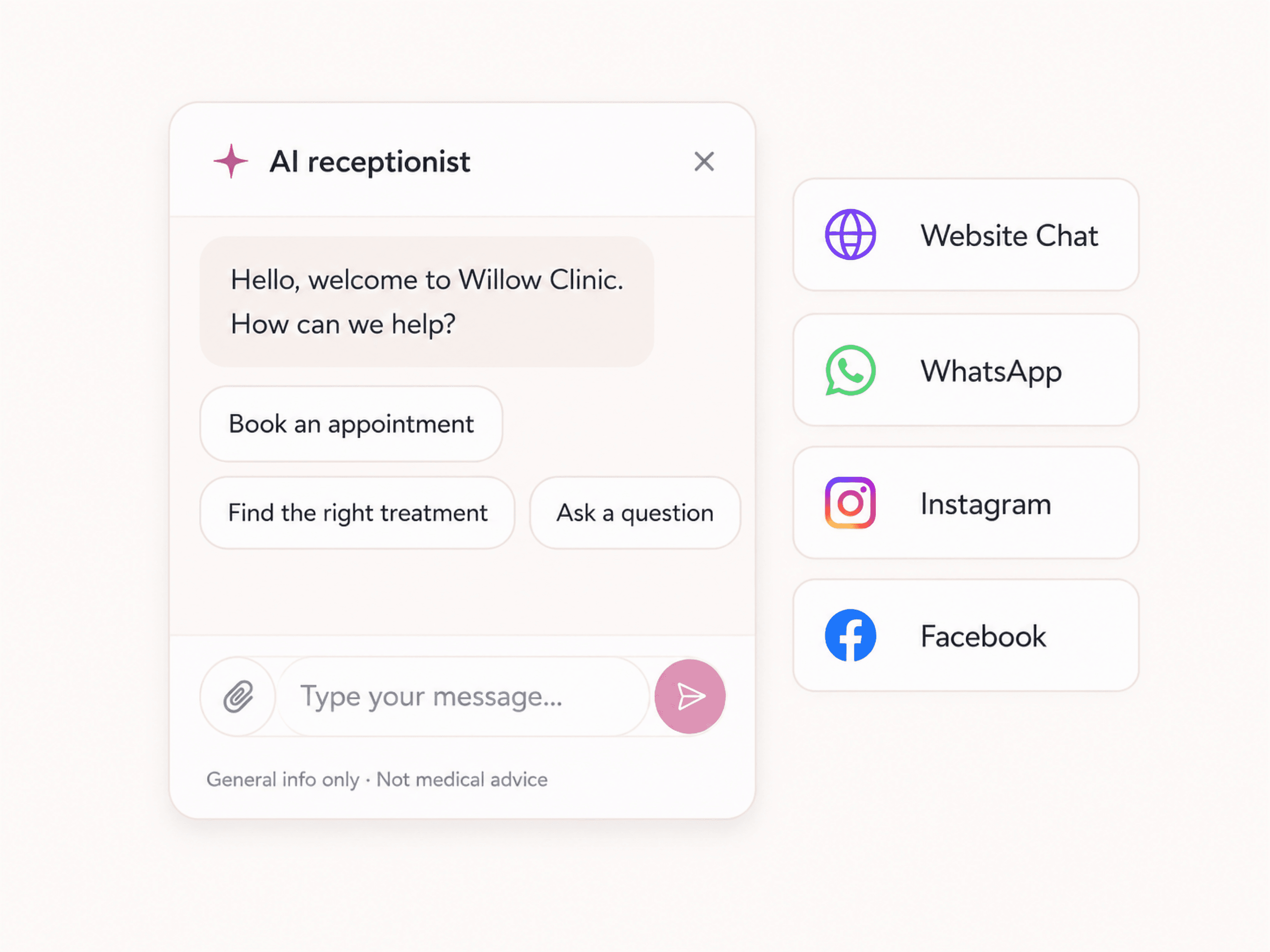 LumiDesk AI receptionist capturing enquiries from website chat, WhatsApp, Instagram and Facebook