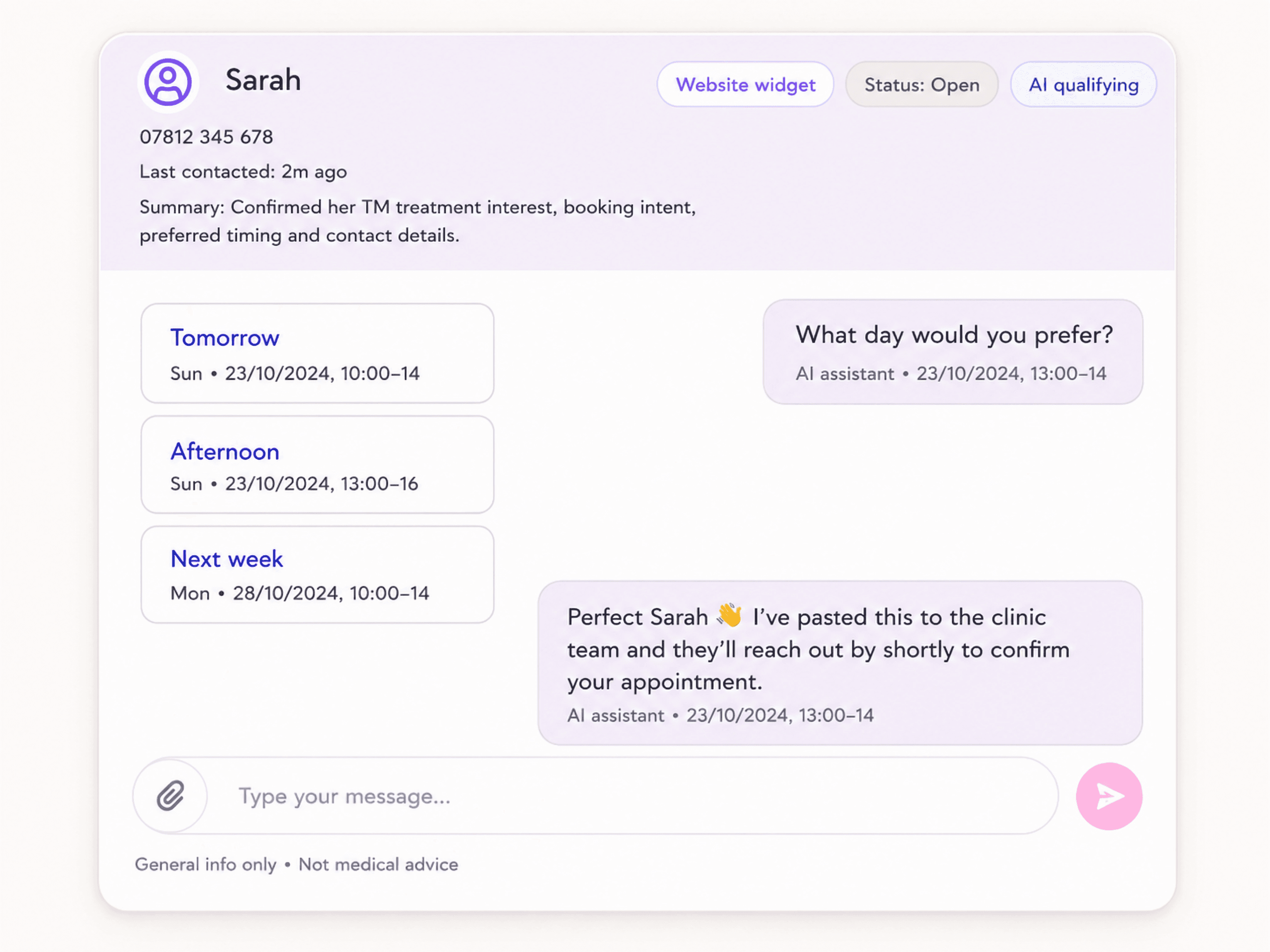 LumiDesk qualifying patient intent and collecting appointment details